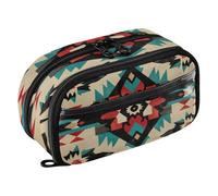 Quteprint Pencil Bag PVC Pencil Case for Boys Girls, Colorful Aztec Turquoise Pattern Dual Zipper Large Capacity Pencil Holder, Water-Resistant Stationery Organizer for College School Office Supplies