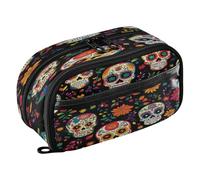 Quteprint Pencil Bag PVC Pencil Case for Boys Girls, Colorful Sugar Skulls Floral Dual Zipper Large Capacity Pencil Holder, Water-Resistant Stationery Organizer for College School Office Supplies