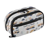 Quteprint Pencil Bag PVC Pencil Case for Boys Girls, Construction Trucks Diggers Tree Dual Zipper Large Capacity Pencil Holder, Water-Resistant Stationery Organizer for College School Office Supplies