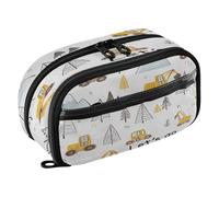 Quteprint Pencil Bag PVC Pencil Case for Boys Girls, Cute Construction Trucks Pattern Dual Zipper Large Capacity Pencil Holder, Water-Resistant Stationery Organizer for College School Office Supplies