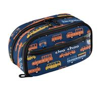 Quteprint Pencil Bag PVC Pencil Case for Boys Girls, Cute Trains Vehicles Pattern Dual Zipper Large Capacity Pencil Holder, Water-Resistant Stationery Organizer for College School Office Supplies