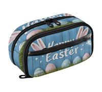 Quteprint Pencil Bag PVC Pencil Case for Boys Girls, Easter Bunny Ears Eggs Wooden Dual Zipper Large Capacity Pencil Holder, Water-Resistant Stationery Organizer for College School Office Supplies