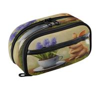 Quteprint Pencil Bag PVC Pencil Case for Boys Girls, Easter Bunny Hyacinth Flower Dual Zipper Large Capacity Pencil Holder, Water-Resistant Stationery Organizer for College School Office Supplies