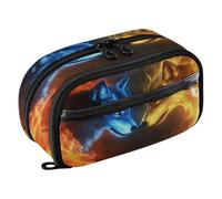 Quteprint Pencil Bag PVC Pencil Case for Boys Girls, Fire Two Wolves Facing Wolf Dual Zipper Large Capacity Pencil Holder, Water-Resistant Stationery Organizer for College School Office Supplies