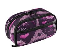 Quteprint Pencil Bag PVC Pencil Case for Boys Girls, Flowers Paris Eiffel Tower Dual Zipper Large Capacity Pencil Holder, Water-Resistant Stationery Organizer for College School Office Supplies