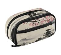 Quteprint Pencil Bag PVC Pencil Case for Boys Girls, Japanese Cherry Blossoms Mountains Tower Dual Zipper Large Capacity Pencil Holder, Water-Resistant Stationery Organizer for College School Office S