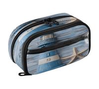 Quteprint Pencil Bag PVC Pencil Case for Boys Girls, Lighthouse Starfish Wooden Dual Zipper Large Capacity Pencil Holder, Water-Resistant Stationery Organizer for College School Office Supplies