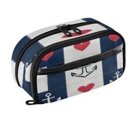 Quteprint Pencil Bag PVC Pencil Case for Boys Girls, Nautical Anchor Heart Stripe Dual Zipper Large Capacity Pencil Holder, Water-Resistant Stationery Organizer for College School Office Supplies