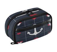 Quteprint Pencil Bag PVC Pencil Case for Boys Girls, Navy Anchor Heart Stripe Dual Zipper Large Capacity Pencil Holder, Water-Resistant Stationery Organizer for College School Office Supplies