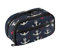 Quteprint Pencil Bag PVC Pencil Case for Boys Girls, Navy Anchor Loves Heart Dual Zipper Large Capacity Pencil Holder, Water-Resistant Stationery Organizer for College School Office Supplies