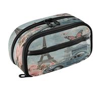 Quteprint Pencil Bag PVC Pencil Case for Boys Girls, Paris Eiffel Tower Cars Butterfly Dual Zipper Large Capacity Pencil Holder, Water-Resistant Stationery Organizer for College School Office Supplies