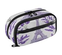 Quteprint Pencil Bag PVC Pencil Case for Boys Girls, Paris Eiffel Tower Lavender Dual Zipper Large Capacity Pencil Holder, Water-Resistant Stationery Organizer for College School Office Supplies
