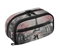 Quteprint Pencil Bag PVC Pencil Case for Boys Girls, Paris Pink Cherry Blossom Trees Dual Zipper Large Capacity Pencil Holder, Water-Resistant Stationery Organizer for College School Office Supplies