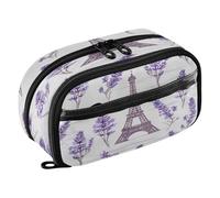 Quteprint Pencil Bag PVC Pencil Case for Boys Girls, Paris Tower Lavender Flower Dual Zipper Large Capacity Pencil Holder, Water-Resistant Stationery Organizer for College School Office Supplies
