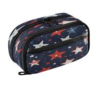Quteprint Pencil Bag PVC Pencil Case for Boys Girls, Red White Stars Pattern Dual Zipper Large Capacity Pencil Holder, Water-Resistant Stationery Organizer for College School Office Supplies