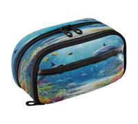 Quteprint Pencil Bag PVC Pencil Case for Boys Girls, Sea Dolphin Fish Corals Dual Zipper Large Capacity Pencil Holder, Water-Resistant Stationery Organizer for College School Office Supplies