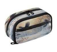 Quteprint Pencil Bag PVC Pencil Case for Boys Girls, Snowy Winter Flying Birds Dual Zipper Large Capacity Pencil Holder, Water-Resistant Stationery Organizer for College School Office Supplies