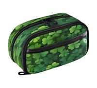 Quteprint Pencil Bag PVC Pencil Case for Boys Girls, St. Patricks Day Shamrocks Clovers Dual Zipper Large Capacity Pencil Holder, Water-Resistant Stationery Organizer for College School Office Supplie