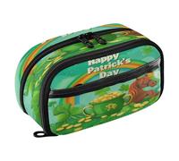 Quteprint Pencil Bag PVC Pencil Case for Boys Girls, St. Patricks Horse Clovers Coins Dual Zipper Large Capacity Pencil Holder, Water-Resistant Stationery Organizer for College School Office Supplies
