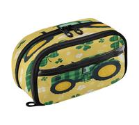 Quteprint Pencil Bag PVC Pencil Case for Boys Girls, St. Patricks Plaid Tractor Clovers Dual Zipper Large Capacity Pencil Holder, Water-Resistant Stationery Organizer for College School Office Supplie