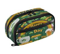 Quteprint Pencil Bag PVC Pencil Case for Boys Girls, St. Patricks Rainbow Clovers Coins Dual Zipper Large Capacity Pencil Holder, Water-Resistant Stationery Organizer for College School Office Supplie