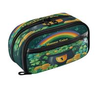 Quteprint Pencil Bag PVC Pencil Case for Boys Girls, St. Patricks Rainbow Coins Clovers Dual Zipper Large Capacity Pencil Holder, Water-Resistant Stationery Organizer for College School Office Supplie