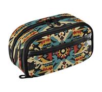 Quteprint Pencil Bag PVC Pencil Case for Boys Girls, Turquoise Aztec Pattern Dual Zipper Large Capacity Pencil Holder, Water-Resistant Stationery Organizer for College School Office Supplies