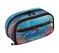 Quteprint Pencil Bag PVC Pencil Case for Boys Girls, under Sea Animal Dolohin Fish Dual Zipper Large Capacity Pencil Holder, Water-Resistant Stationery Organizer for College School Office Supplies