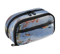 Quteprint Pencil Bag PVC Pencil Case for Boys Girls, Winter Snowy Flying Birds Dual Zipper Large Capacity Pencil Holder, Water-Resistant Stationery Organizer for College School Office Supplies