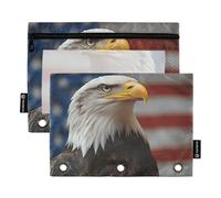 Quteprint Pencil Pouch for 3 Ring Binder, American Flag Bird Eagle 2 Pack Zipper Pencil Case with Clear Window & Reinforced Grommets for Binder, Pencil Bags Pockets Organizer for Office School