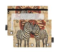 Quteprint Pencil Pouch for 3 Ring Binder, Ancient African Animal?Zebra 2 Pack Zipper Pencil Case with Clear Window & Reinforced Grommets for Binder, Pencil Bags Pockets Organizer for Office School