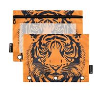 Quteprint Pencil Pouch for 3 Ring Binder, Animal Tiger 2 Pack Zipper Pencil Case with Clear Window & Reinforced Grommets for Binder, Pencil Bags Pockets Organizer for Office School