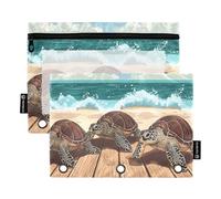 Quteprint Pencil Pouch for 3 Ring Binder, Beach Sea Turtle Wooden 2 Pack Zipper Pencil Case with Clear Window & Reinforced Grommets for Binder, Pencil Bags Pockets Organizer for Office School