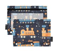 Quteprint Pencil Pouch for 3 Ring Binder, Cartoon Trains 2 Pack Zipper Pencil Case with Clear Window & Reinforced Grommets for Binder, Pencil Bags Pockets Organizer for Office School