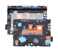 Quteprint Pencil Pouch for 3 Ring Binder, Cartoon Trains Pattern 2 Pack Zipper Pencil Case with Clear Window & Reinforced Grommets for Binder, Pencil Bags Pockets Organizer for Office School