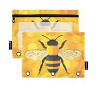 Quteprint Pencil Pouch for 3 Ring Binder, Cute Animal Bee Honeycomb 2 Pack Zipper Pencil Case with Clear Window & Reinforced Grommets for Binder, Pencil Bags Pockets Organizer for Office School