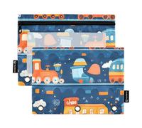 Quteprint Pencil Pouch for 3 Ring Binder, Cute Cartoon Trains Vehicles 2 Pack Zipper Pencil Case with Clear Window & Reinforced Grommets for Binder, Pencil Bags Pockets Organizer for Office School