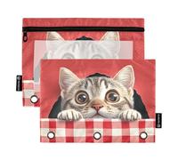 Quteprint Pencil Pouch for 3 Ring Binder, Cute Cat Peeking Out A Hole 2 Pack Zipper Pencil Case with Clear Window & Reinforced Grommets for Binder, Pencil Bags Pockets Organizer for Office School
