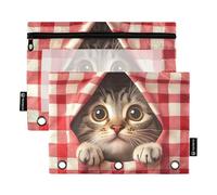 Quteprint Pencil Pouch for 3 Ring Binder, Cute Cat Peeking Out Plaid 2 Pack Zipper Pencil Case with Clear Window & Reinforced Grommets for Binder, Pencil Bags Pockets Organizer for Office School