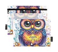 Quteprint Pencil Pouch for 3 Ring Binder, Cute Owl Flowers Mandala 2 Pack Zipper Pencil Case with Clear Window & Reinforced Grommets for Binder, Pencil Bags Pockets Organizer for Office School