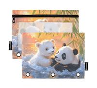 Quteprint Pencil Pouch for 3 Ring Binder, Cute Polar Bear Panda Sunset 2 Pack Zipper Pencil Case with Clear Window & Reinforced Grommets for Binder, Pencil Bags Pockets Organizer for Office School