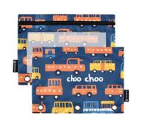 Quteprint Pencil Pouch for 3 Ring Binder, Cute Trains Vehicles Pattern 2 Pack Zipper Pencil Case with Clear Window & Reinforced Grommets for Binder, Pencil Bags Pockets Organizer for Office School