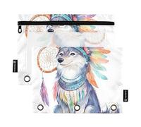 Quteprint Pencil Pouch for 3 Ring Binder, Cute Watercolor Wolf Indian 2 Pack Zipper Pencil Case with Clear Window & Reinforced Grommets for Binder, Pencil Bags Pockets Organizer for Office School