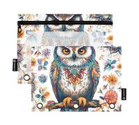 Quteprint Pencil Pouch for 3 Ring Binder, Ethnic Mandala Boho Animal Owl 2 Pack Zipper Pencil Case with Clear Window & Reinforced Grommets for Binder, Pencil Bags Pockets Organizer for Office School