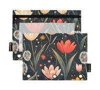 Quteprint Pencil Pouch for 3 Ring Binder, Fantasy Dandelion Tulips Flower 2 Pack Zipper Pencil Case with Clear Window & Reinforced Grommets for Binder, Pencil Bags Pockets Organizer for Office School