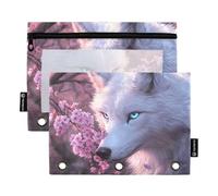 Quteprint Pencil Pouch for 3 Ring Binder, Flower Cherry Blossoms Wolf 2 Pack Zipper Pencil Case with Clear Window & Reinforced Grommets for Binder, Pencil Bags Pockets Organizer for Office School