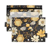 Quteprint Pencil Pouch for 3 Ring Binder, Honeycomb Bee Flowers 2 Pack Zipper Pencil Case with Clear Window & Reinforced Grommets for Binder, Pencil Bags Pockets Organizer for Office School