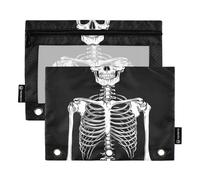 Quteprint Pencil Pouch for 3 Ring Binder, Human Skull Skeleton 2 Pack Zipper Pencil Case with Clear Window & Reinforced Grommets for Binder, Pencil Bags Pockets Organizer for Office School