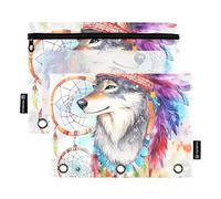 Quteprint Pencil Pouch for 3 Ring Binder, Indian Ethnic Watercolor Wolf 2 Pack Zipper Pencil Case with Clear Window & Reinforced Grommets for Binder, Pencil Bags Pockets Organizer for Office School
