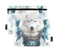 Quteprint Pencil Pouch for 3 Ring Binder, Indian Heart Feathers Wolf 2 Pack Zipper Pencil Case with Clear Window & Reinforced Grommets for Binder, Pencil Bags Pockets Organizer for Office School